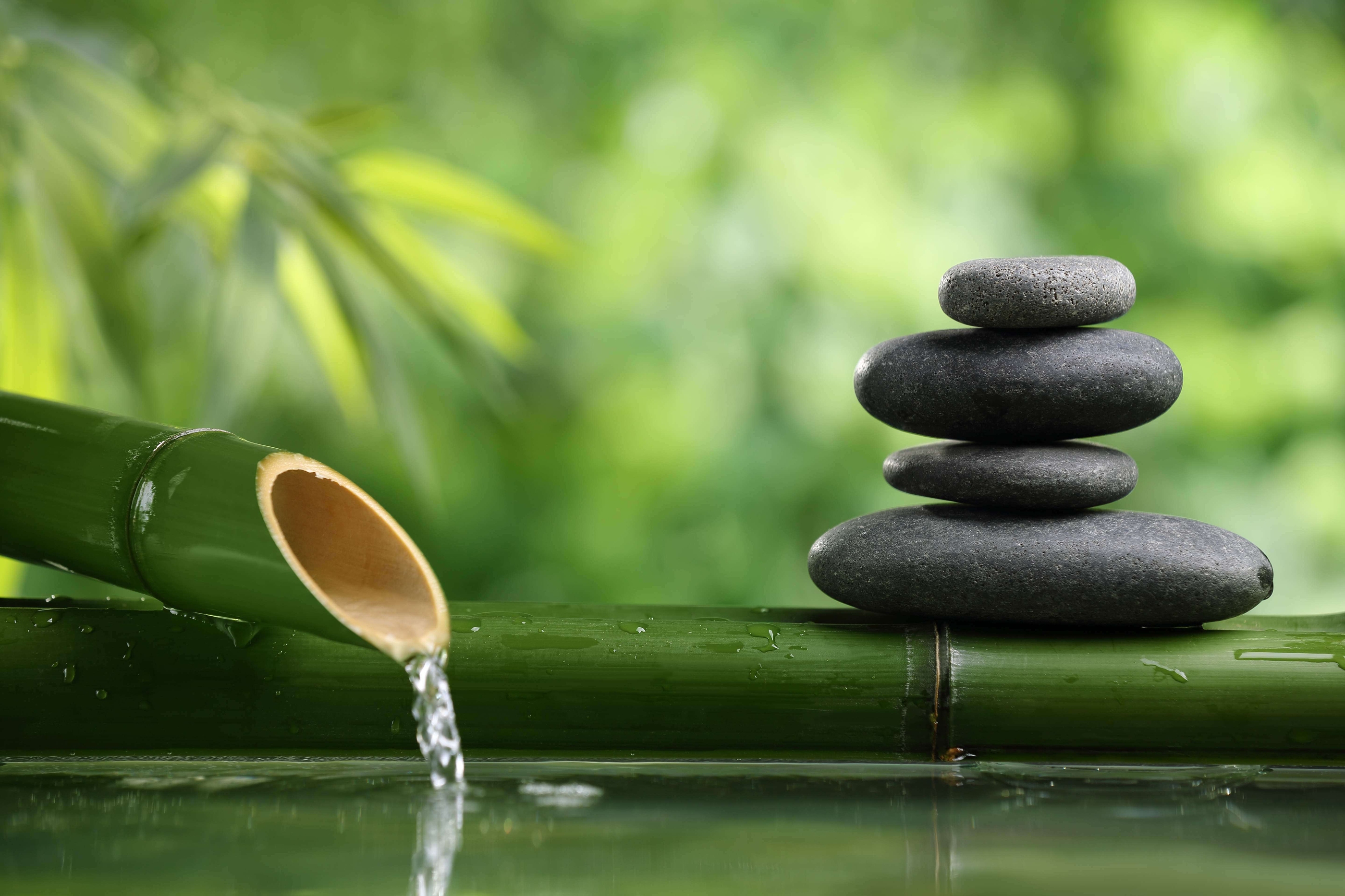 Rocks balancing, and water inside bamboo