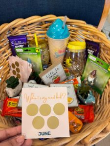 Basket with assortment of prizes