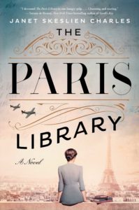 Cover of the book "The Paris Library". Image of a young woman sitting in front of the Eiffel Tower